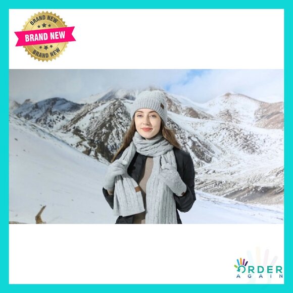 Fleece Lined Winter Set Touch Screen Gloves Knit Hat Scarf Chic - Picture 8 of 8